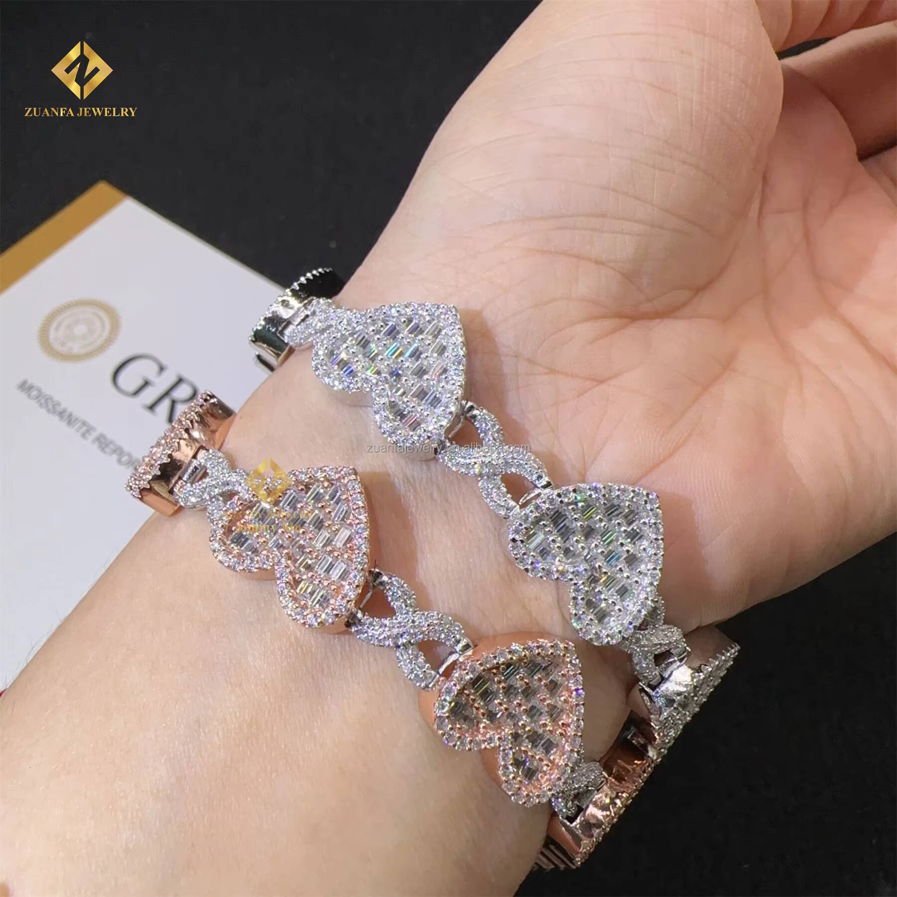 Best Selling Shining Fire Jewelry Rapper 925 Sterling Silver 14mm Man Hip Hop Iced Out Moissanite Diamond Heart Cuban Bracelet