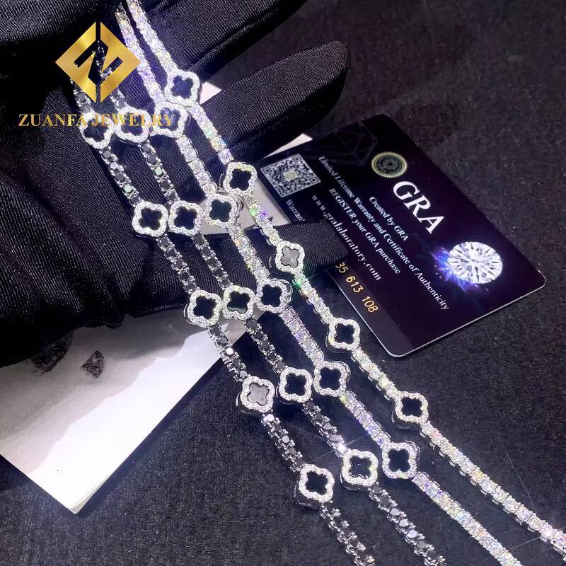 Fine Jewelry Moissanite Tennis Chain 925 Sterling Silver 3mm Black White Moissanite Clover Tennis Bracelet