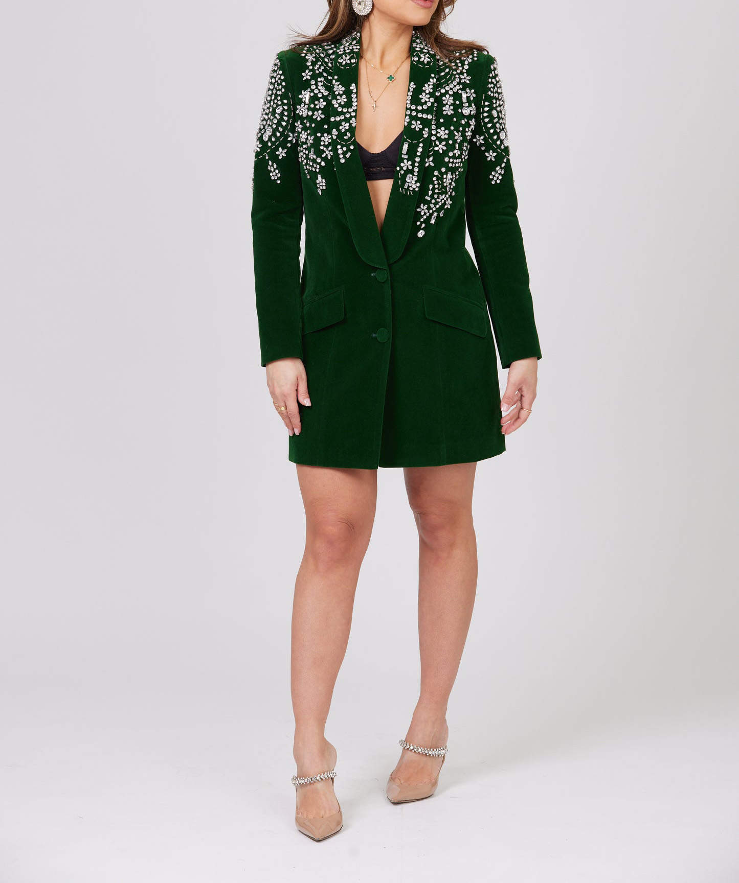 Green Velvet Women Jacket Dress Lady Crystal Beading Customized Blazer Prom Evening Party Blazer One Piece