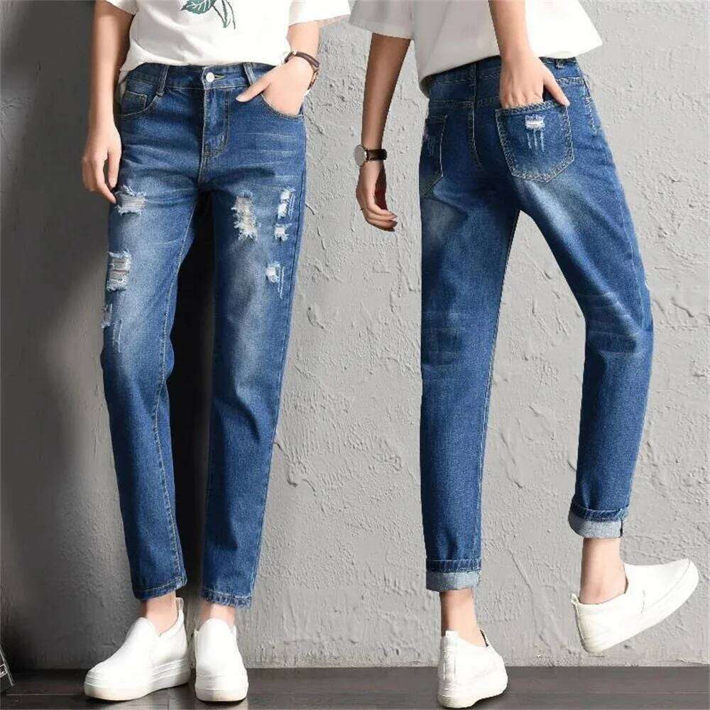 2025 Women jeans Clothing Mid Waist Boyfriend Big Ripped Hole Casual High Street Denim Pants woman Pencil Jeans y2k