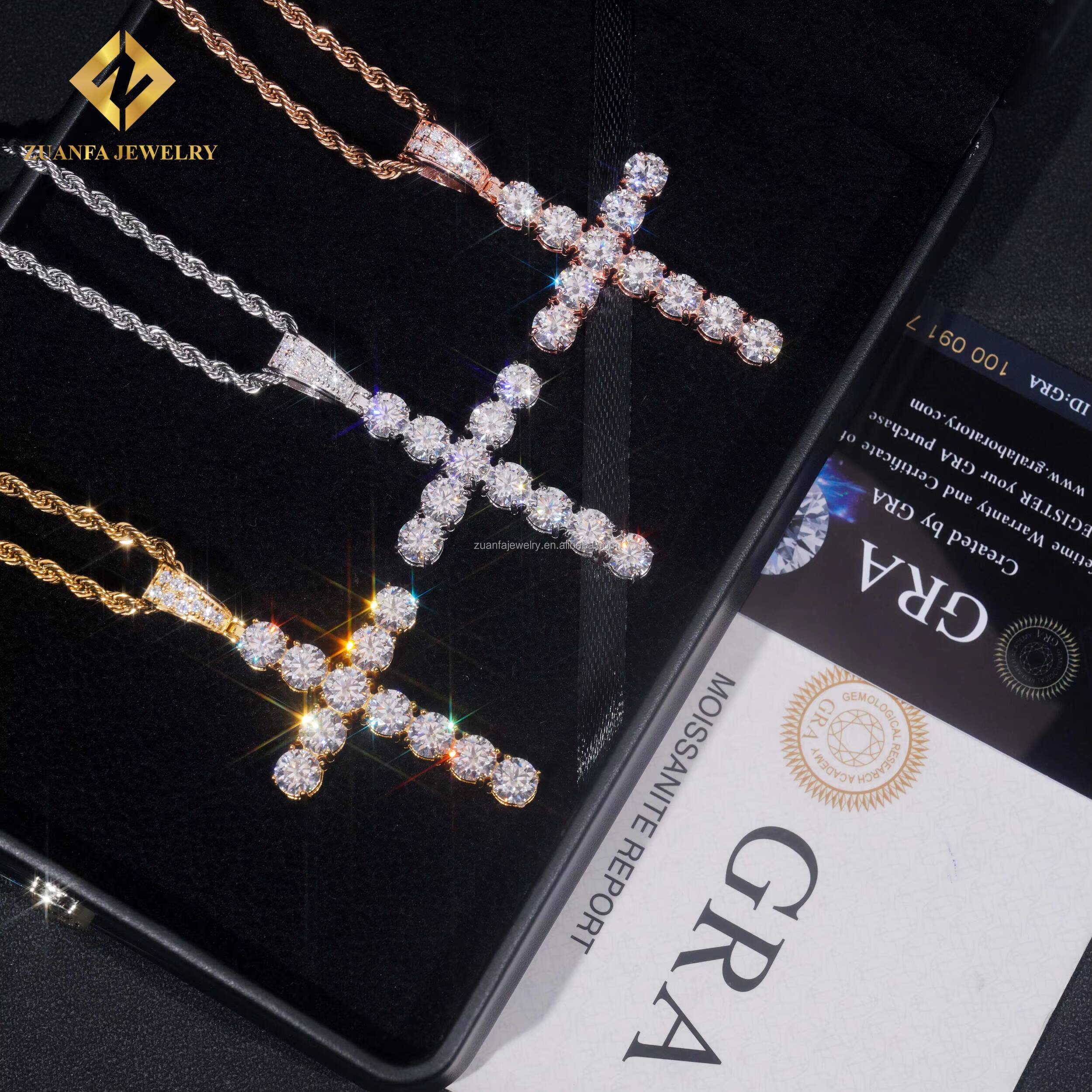 Pass Diamond Tester Best Selling GRA Certificate Iced Out Hip Hop Jewelry 925 Silver Moissanite Diamond Cross Pendant Necklace