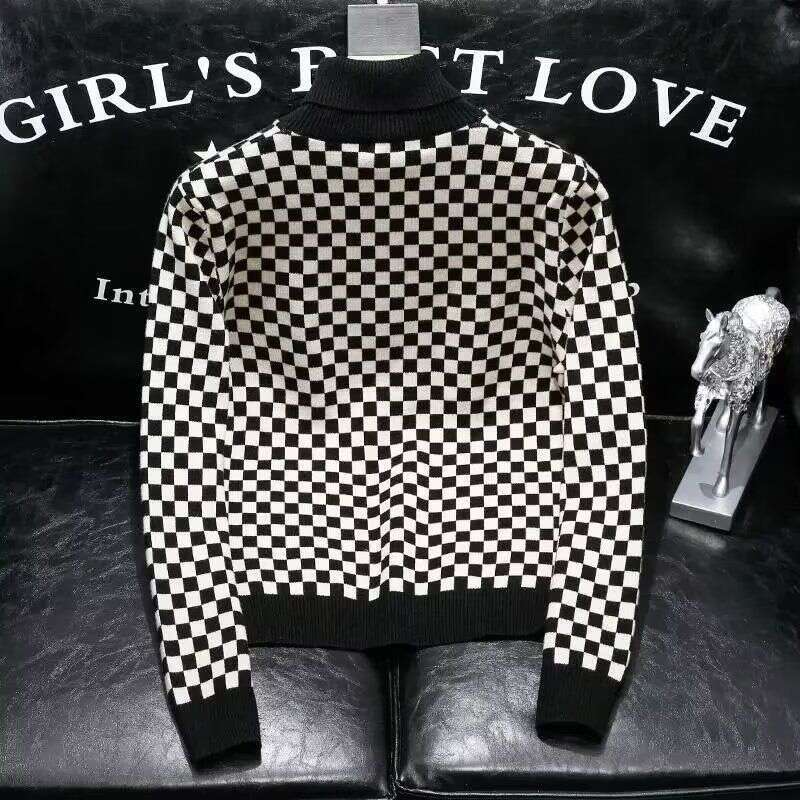 High Neck Sweater, Internet Famous Trendy Brand Slim Fit Checkered Jacquard Thread Jacket, Men's Autumn And Winter New