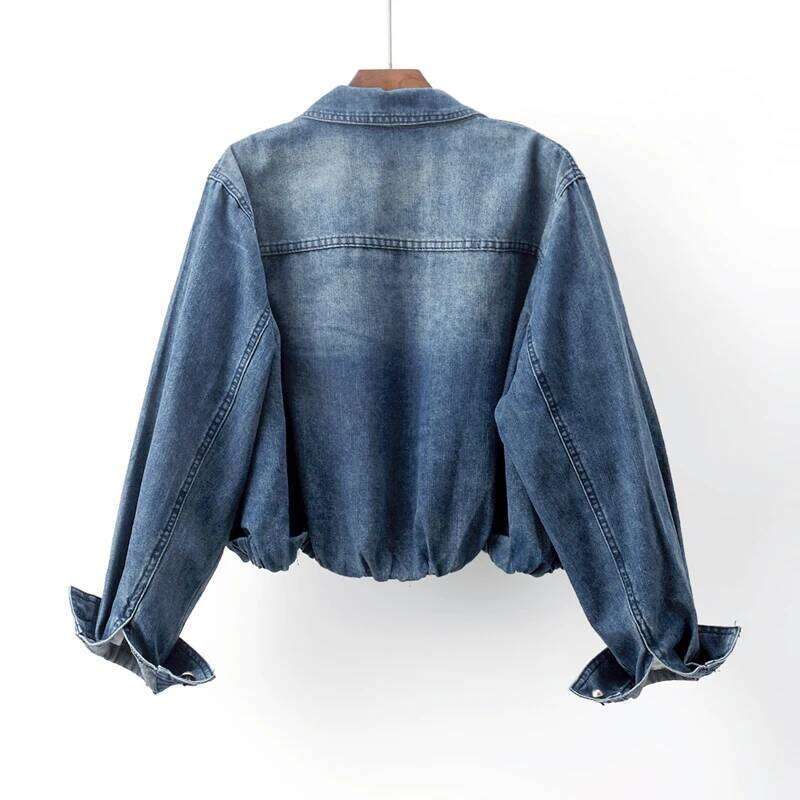 Spring Autumn Vintage Blue Big Pocket Denim Women Cowboy Outerwear Chaquetas Mujer Elastic Waist Jeans Jacket Coat Female