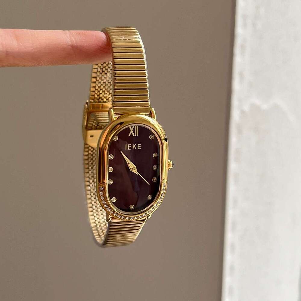 Designer Vintage Style Oval Women's Red Diamond-Studded Niche Light Luxury for Women High-End Metal Strap Ladies' Watch