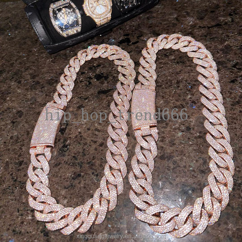 Heavy Silver 22mm Wide Necklace Iced Out VVS Moissanite Diamond Rose Gold Plated 925 Silver Cuban Link Chain for Hip Hop Jewelry