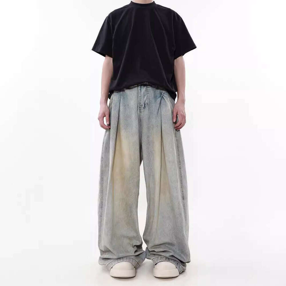 American Style Wrinkled Washed Jeans For Men, Niche High-End Loose Wide-Leg Floor-Length Pants B5