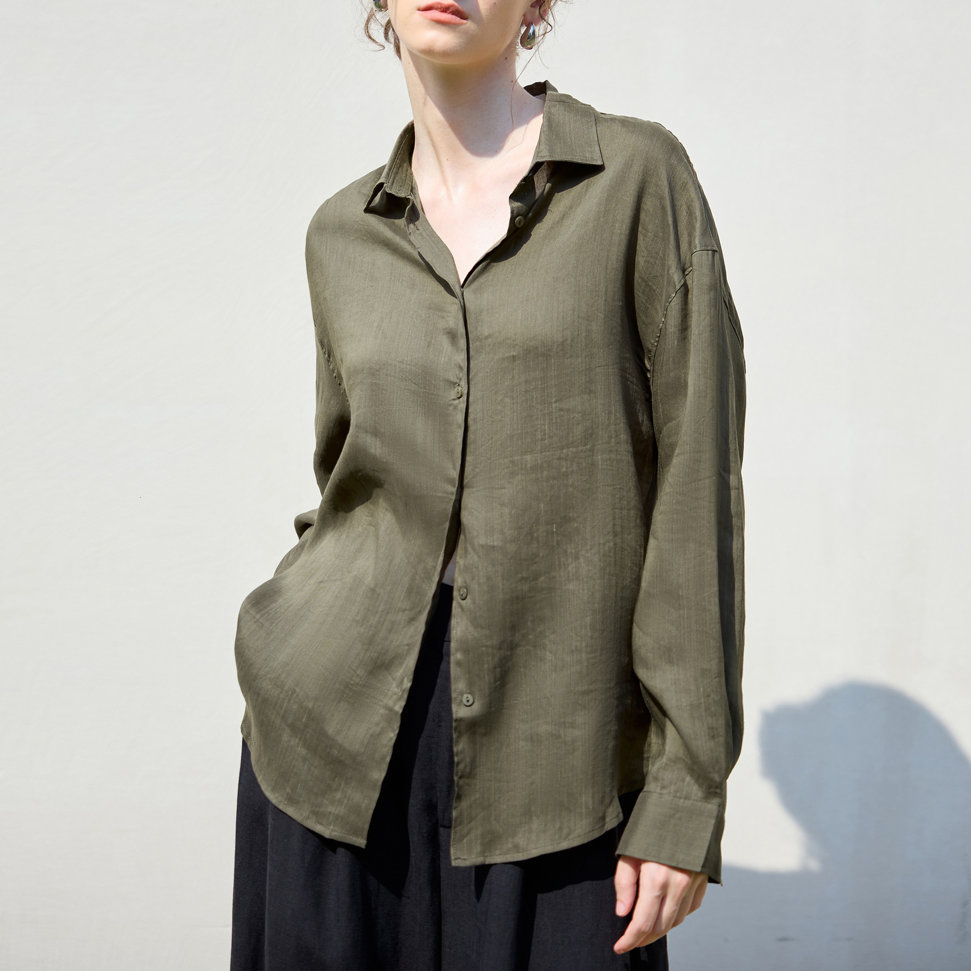 Old Style Loose Solid Color Women's Simple Single-Breasted Long Sleeve Shirt Relaxed Tencel Linen Top