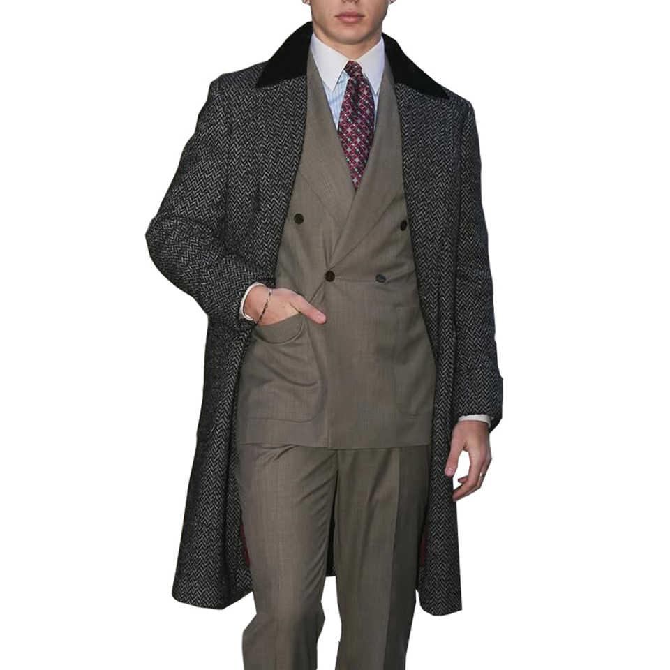 Classics Men Long Overcoat Wool Blends Notched Lapel Trench Double Breasted Warm Jacket Business Customized
