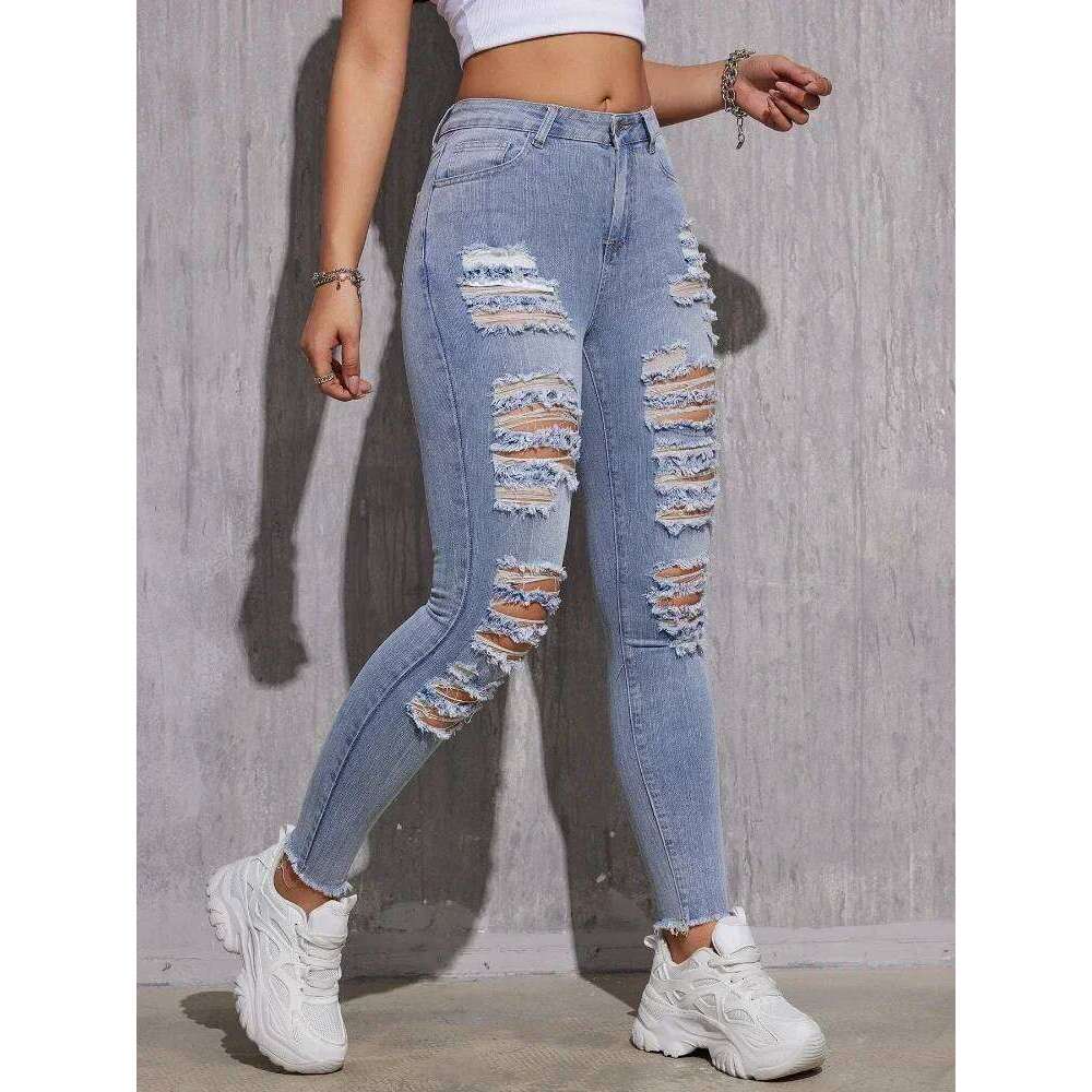 Women Ripped Jeans Cotton Skinny Stretch Lady High Waist Hole Denim Pants Fashion Solid Color Sexy Pencil Trousers