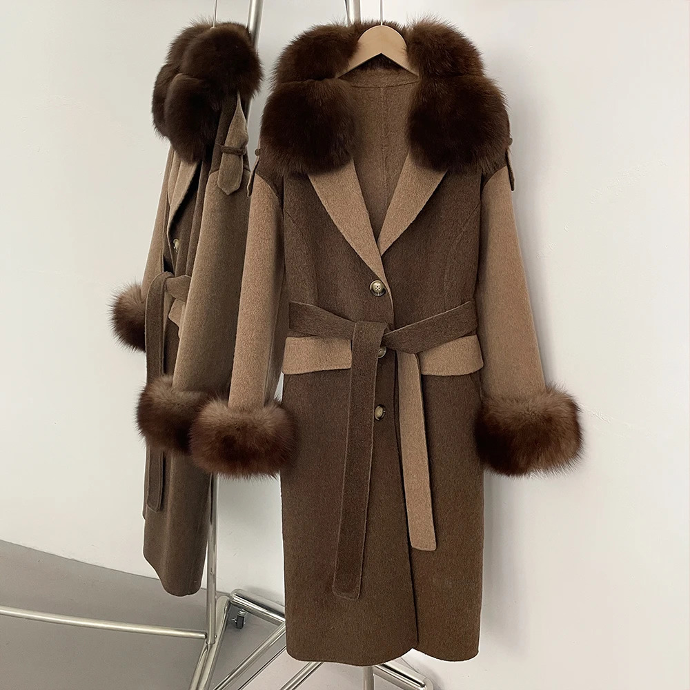 CXFS Autumn Winter Clothing Women Natural Fox Fur Cashmere Double-faced Woolen Jacket Long Single-breasted Belt Wool Coat Female 250811