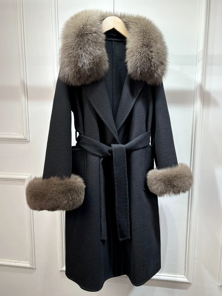 Janveny Fox Fur Coat Autumn Winter Jacket Women Wool Blends Coats Belt Cuffs Warm Fashion Woolen Streetwear 250811