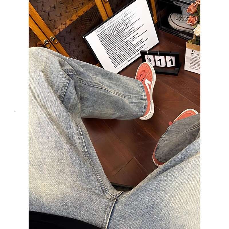 Washed Bamboo Pattern Jeans For Men Summer Flared Vibe American High Street Crotch Lift Straight Pants B5