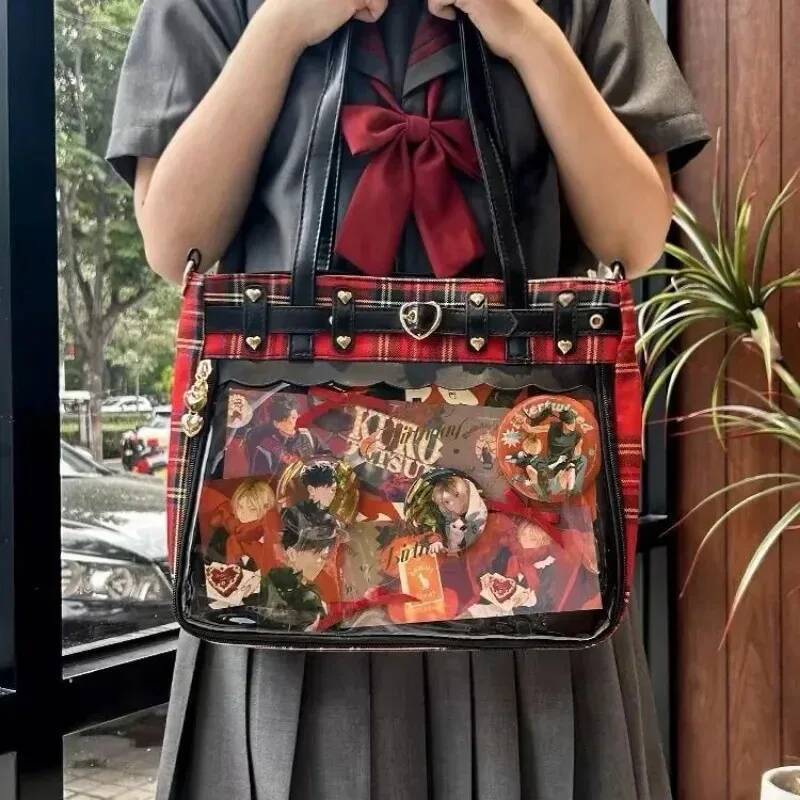 Women Fashion Checkered Pattern Retro Ita Cute Girl Transparent Large Capacity Tote DIY Display Handbag New Shoulder Bag