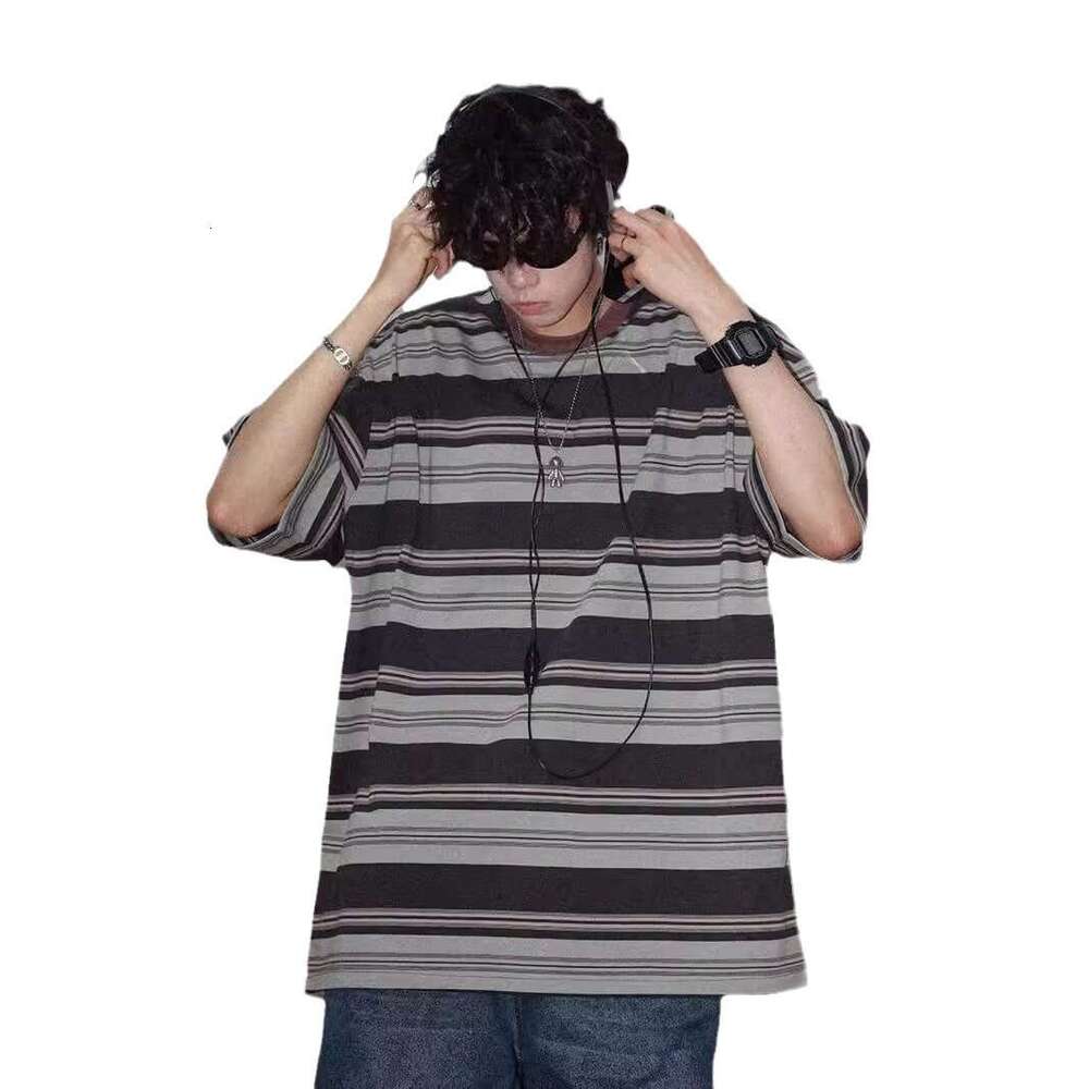 Striped Short Sleeve T-Shirt For Men Summer Boys Teenagers Loose Fit Pure Cotton Design Top Trendy B5
