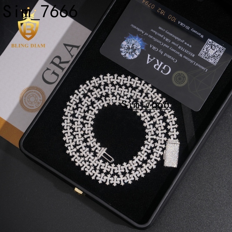 Fashion 8.5mm Cuban Moissanite Chain Pass Diamond Tester VVS Moissanite Cross Necklace 925 Sterling Silver Past Diamond Test GRA