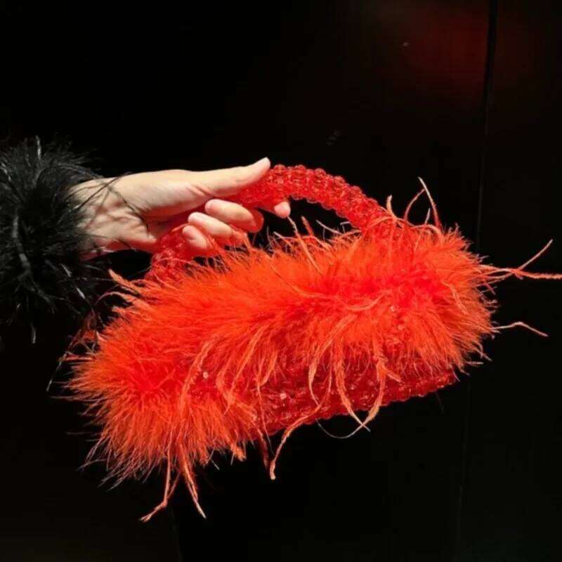 Designer bag 52 Box Shape Pearl Handbag Ostrich Feather Fur Evening Bead Mobile Phone Crossbody Hollow Out Underarm Bag