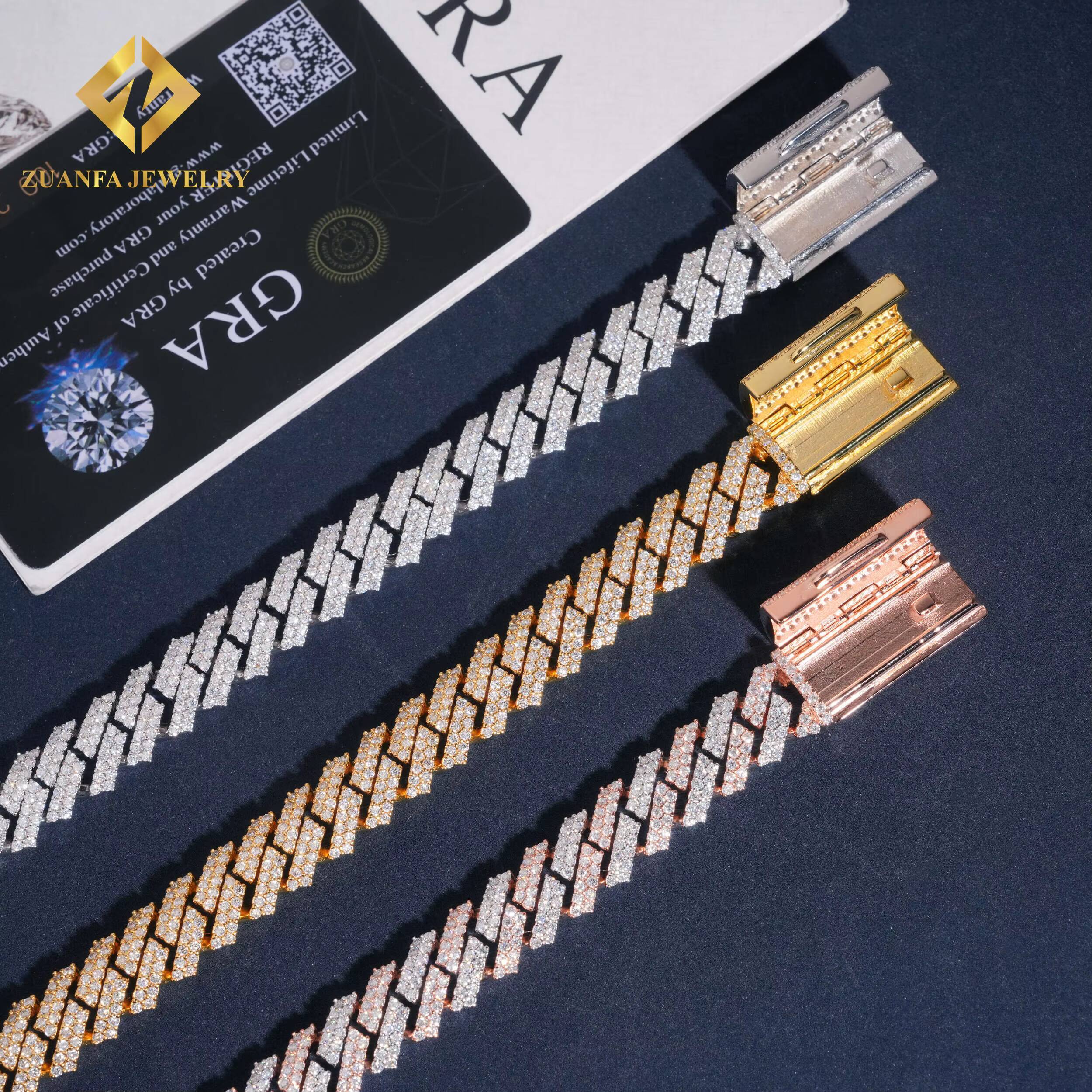 Pass Diamond Tester Moissanite 12mm Cuban Link Chain Mens Jewelry 925 Silver Gold Plated Hot Sale 2 Rows Moissanite Necklace