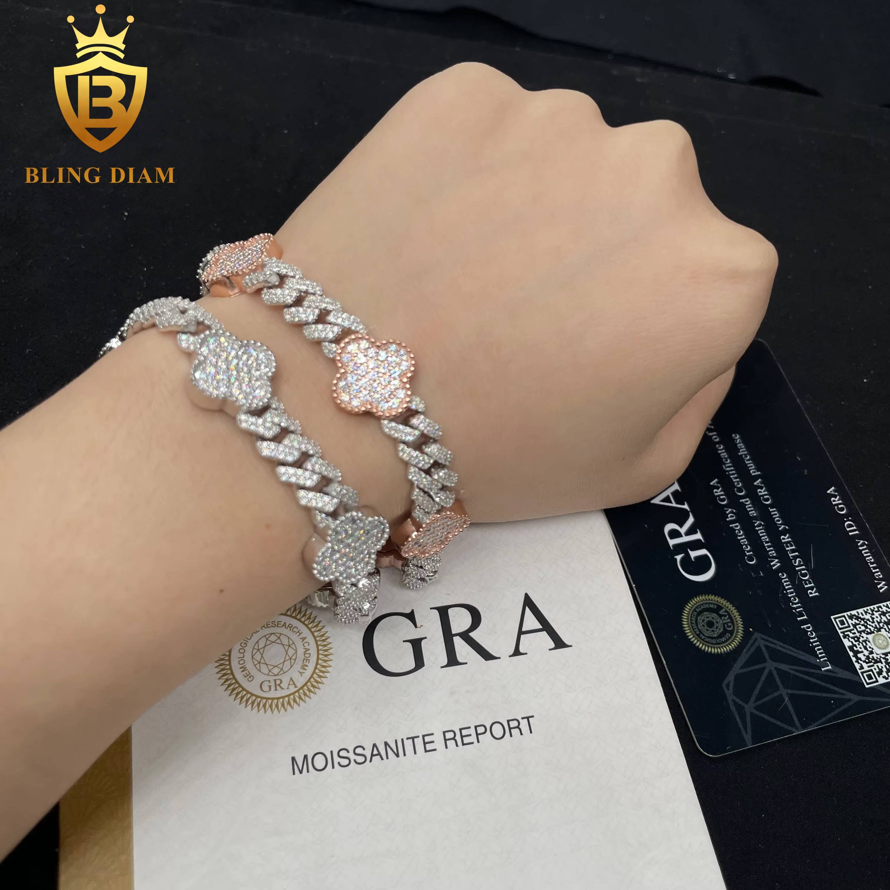 Hot Sale Hip Hop Moissanite 8mm Clover Cuban Bracelet Clover Shape Moissanite Cuban Bracelet Men Women