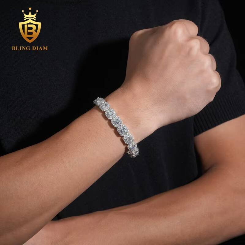 Hip Hop High Quality Fashion 10mm 925 Sterling Silver Moissanite Cluster Tennis Chain Cuban Bracelet