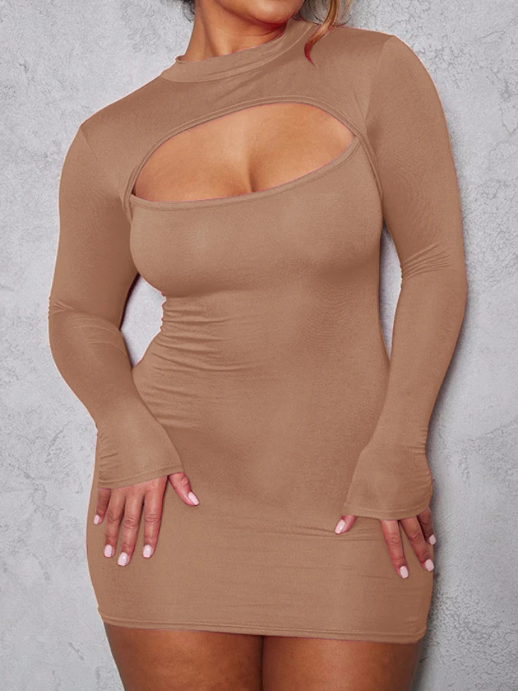 Sexy Wrap Chest Hollow Out Elastic Slim Bodycon Dress Women Long Sleeved Solid Color Skinny Dress Evening Club Party Vestidos 250808