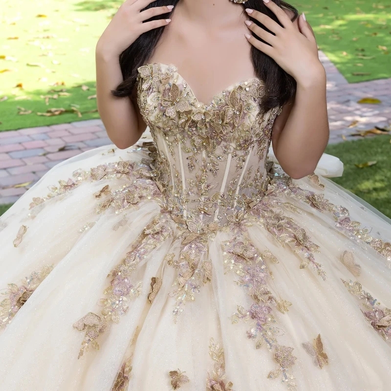 Light Champagne Ball Gown Quinceanera Dresses Off the Shoulder Applique Bow Beads Tull Corset Vestidos 15 De Anos Sweet 16 Dress