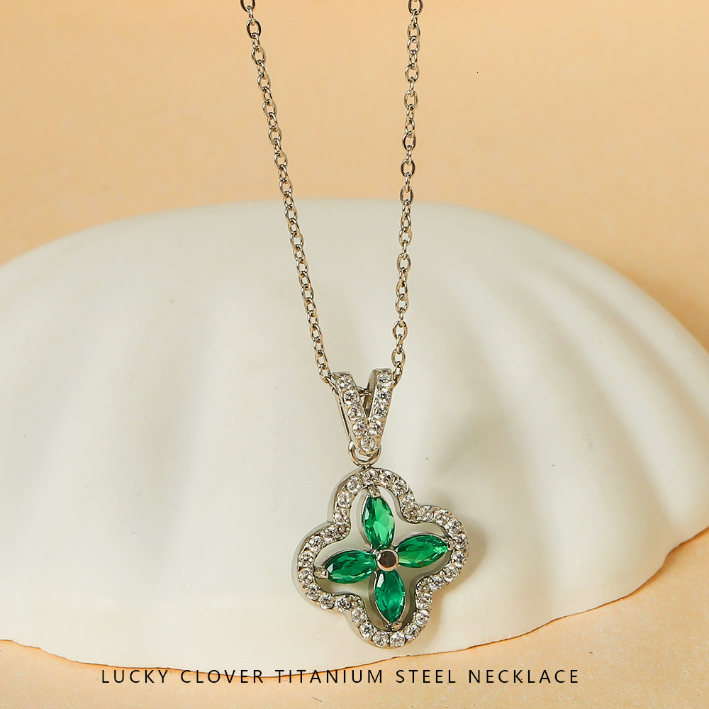 Colorful Four-Leaf Clover Inlaid Zircon Necklace Stainless Steel Simple High-End Feel Women's Non-Fading Accessory Jewelry for Women