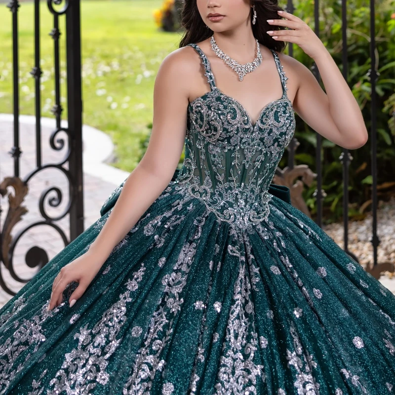 Blackish Green Shiny Ball Gown Quinceanera Dresses Spagheti Strap Sequin Applique Lace Beads Tull Party Birthday Vestidos 15 Anos Sweet 16 Dress