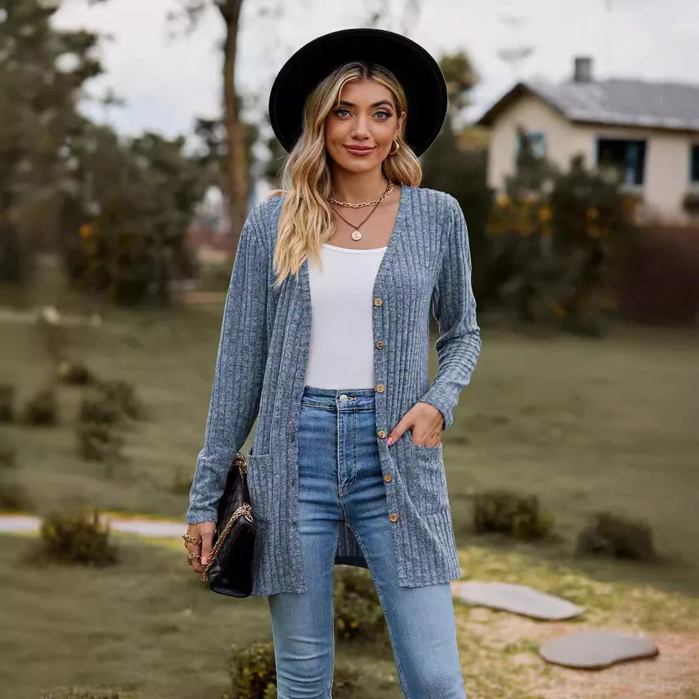 Autumn Womens Brushed Pit Stripe Solid Color Long Sleeve Cardigan Jacket 250814