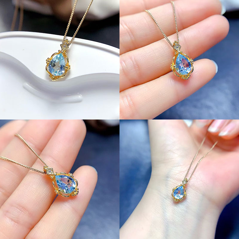 Solid 925 silver necklace pendant natural topaz pendant 6mm*8mm genuine light blue topaz jewelry 18K gold plated gemstone jewelry