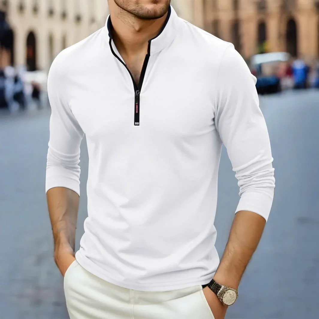 Mens Casual Fashion Solid Color Long Sleeved Polo Shirt Stand Up Collar Versatile Comfortable Top 250814
