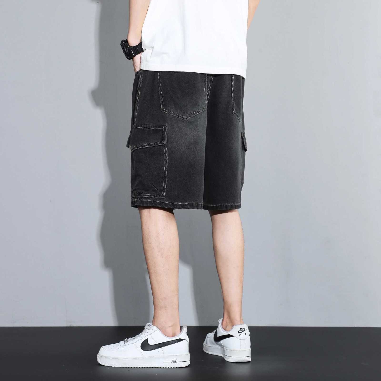 Big Tall Mens Vintage Denim Shorts Elastic Waistband Loose Fit Workwear Summer Cargo Shorts Retro Blue/Black Durable Y250814