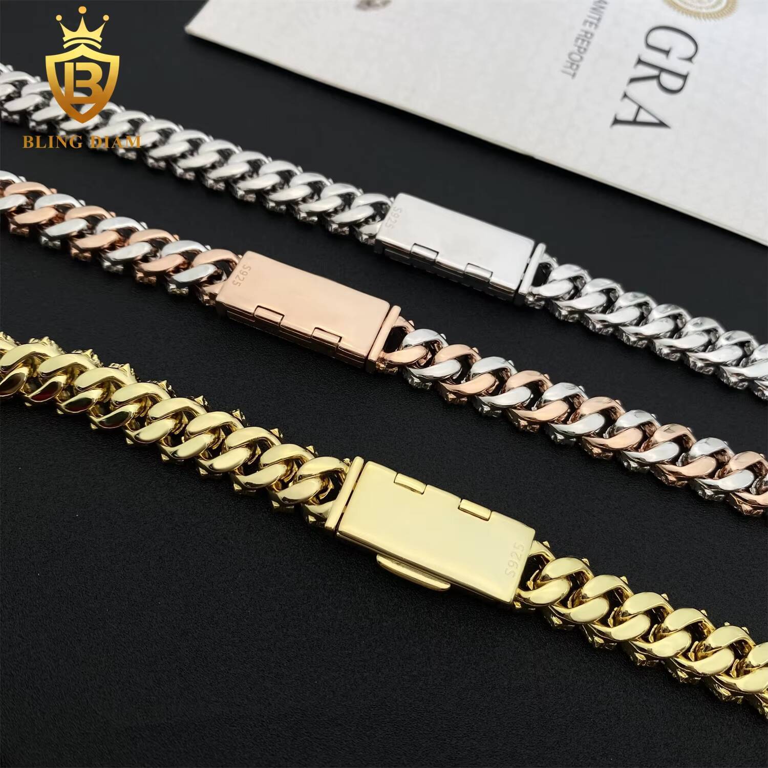 Factory Direct Sale 12mm Cuban Link Chain Moissanite 2 Row Prong Chain Necklace Pass Diamond Tester