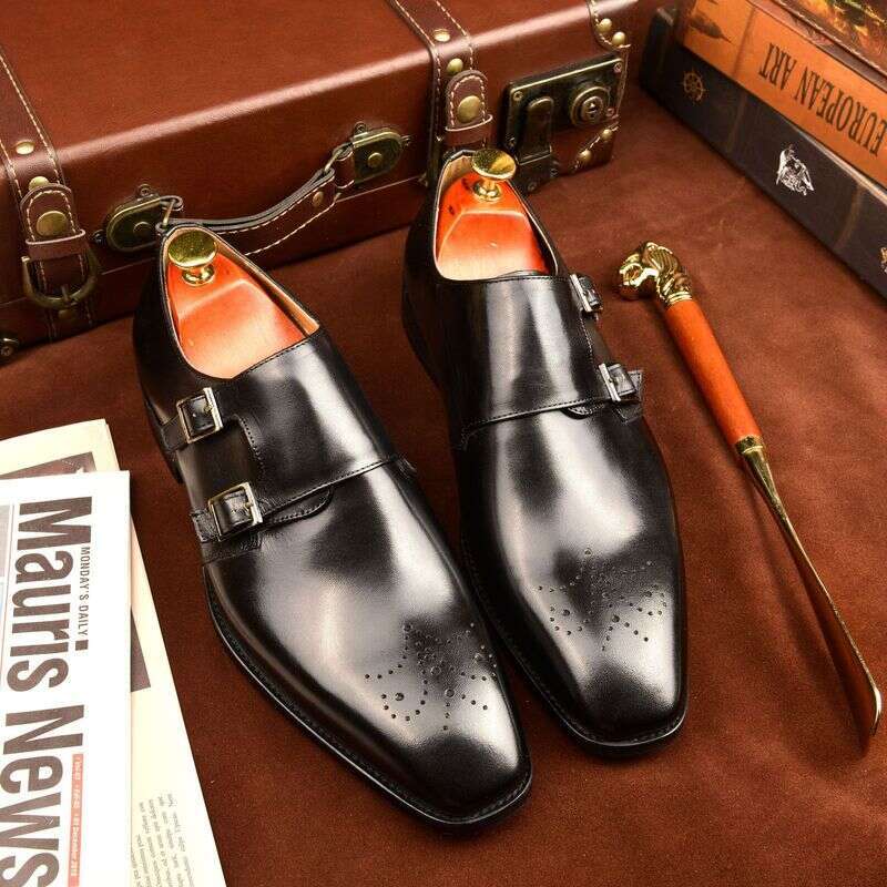 Unbeatable Quality Double Buckle Mengke Goodyear Suit One Foot Square Toe Handmade Leather Shoes, Men's