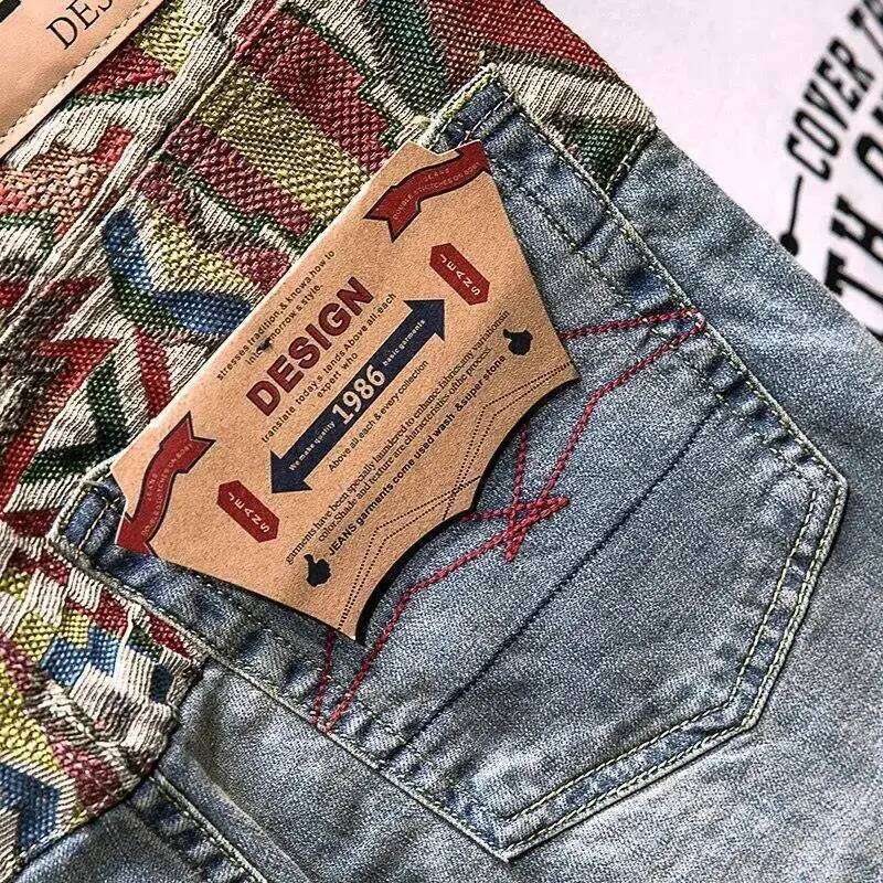 High-end Haruku Fashion Designer Clothes Embroidered Patchwork Summer Jeans Shorts Men Straight Knee Length Casual Trousers
