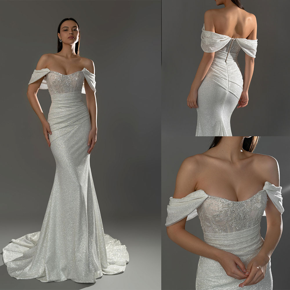 Simple Mermaid Wedding Dress Off Shoulder Sleeveless Bridal Gowns Sequins Lace Backless Sweep Train Dresses Custom Made vestidos de novia