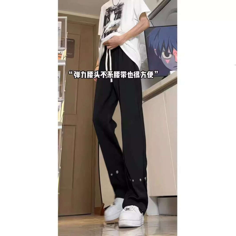 Black Ice Silk Trousers With Draped Effect, High-End Feel, Leg-Lengthening For Tall Men, Extended Slim-Fit Straight-Leg Flared Pants B5