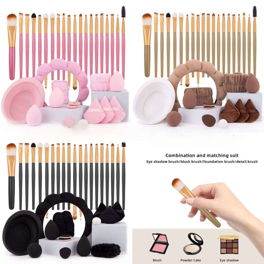 DHcollections 33-Piece Makeup Brush Set - Professional Cosmetic Brush Kit with Makeup Sponge & Pouch (Pink Gold/Brown Gold/Black Gold)