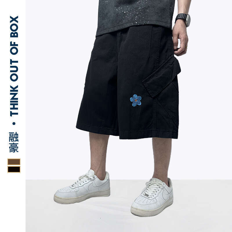 American Floral Embroidery Seven-Point Casual Cargo Wide-Leg Loose Versatile Large Pocket Couple Style Shorts B5