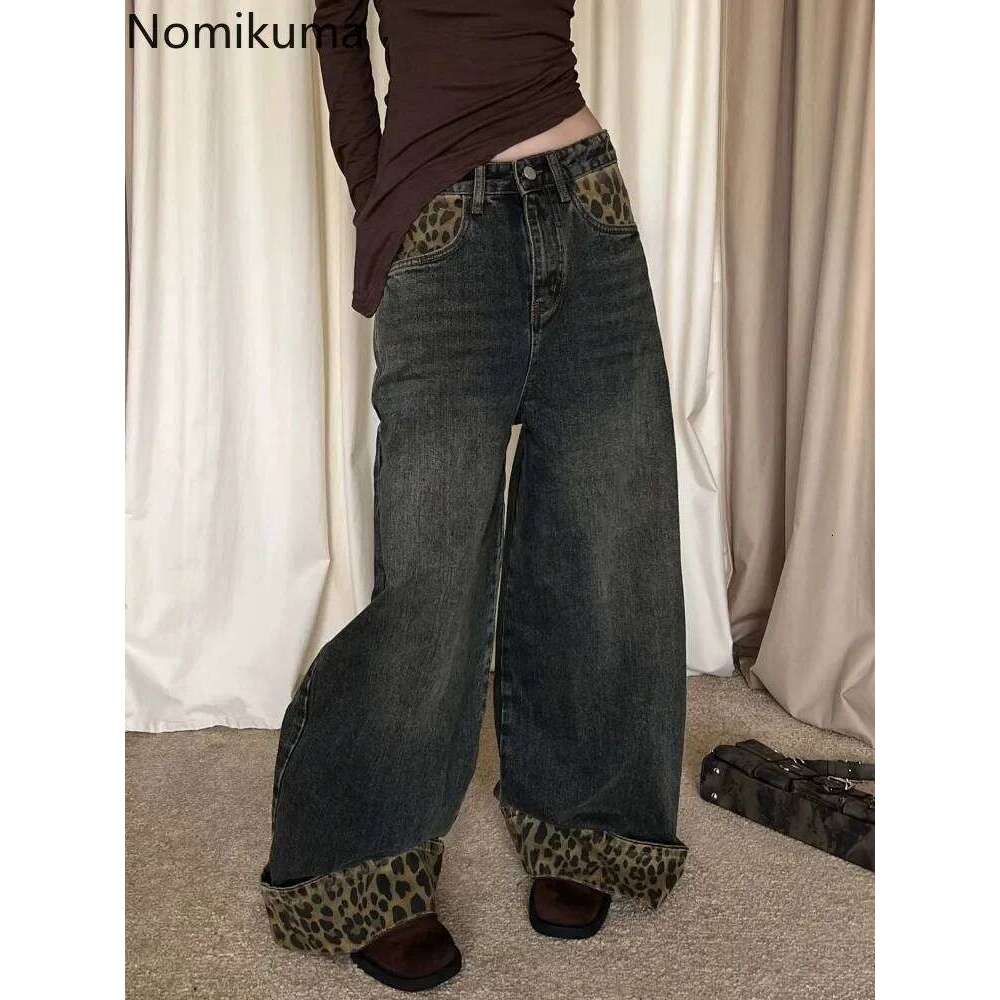 Retro Leopard Print Y2k Jeans for Women Haruku Wide Leg Pants 2025 New Bottoms Denim Casual Straight Fashion Trousers