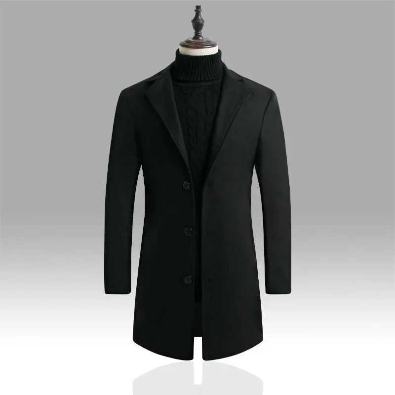 Thickened Cotton Mens Woolen Coat Korean Style Slim Fit Mid-Length Windbreaker Fashionable Casual Outerwear for Autumn Winter W250815