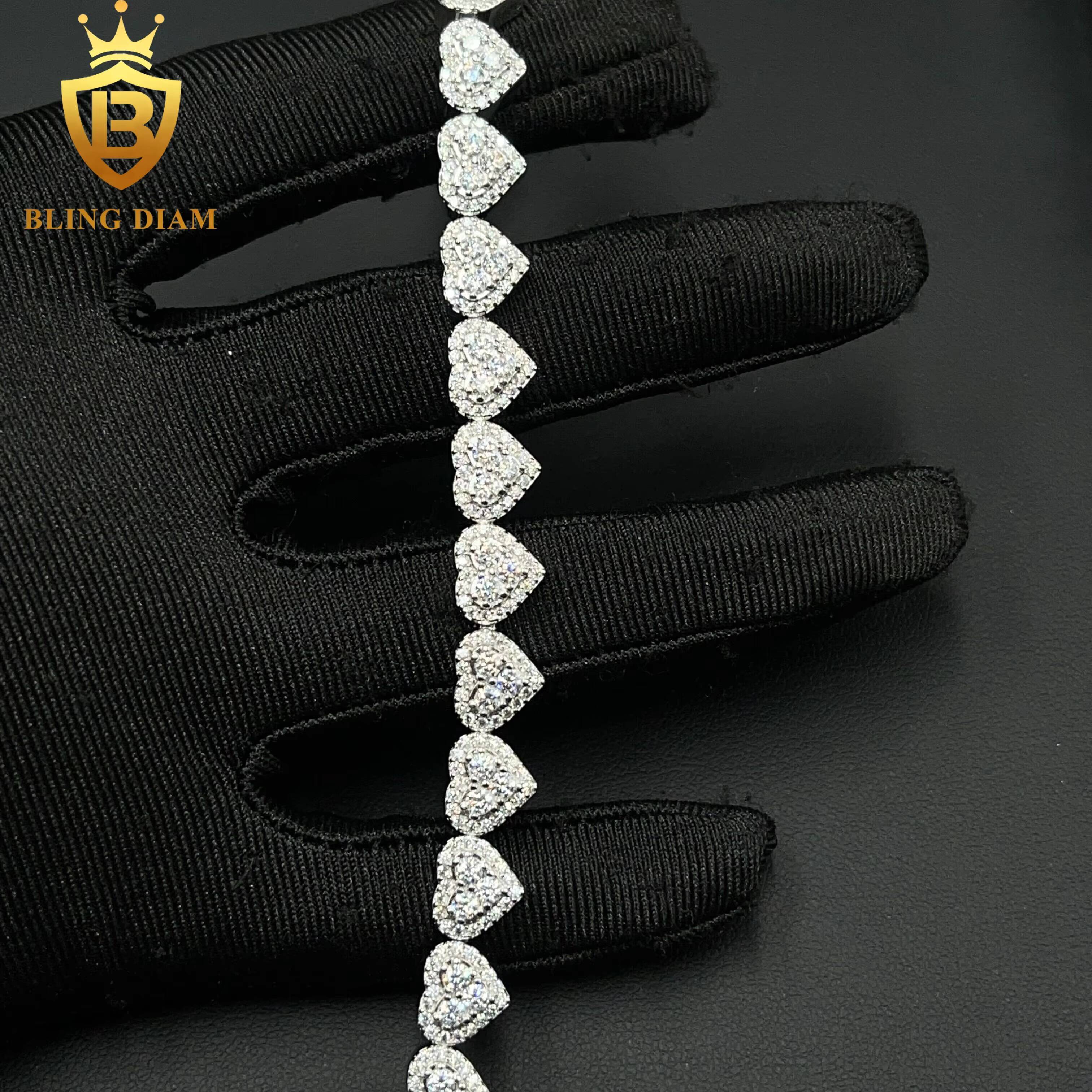 Fashion Jewelry 925 Sterling Silver VVS Moissanite Heart Shape Cuban Tennis Chain 8mm Bracelet