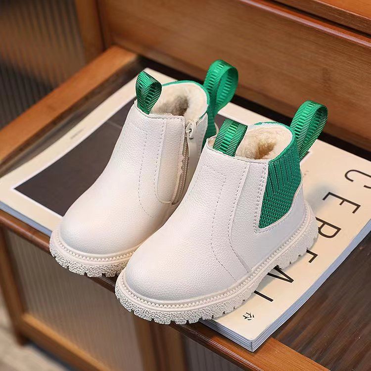 Winter New Kids Thick Plush Warm Boots Side Zipper PU Leather Waterproof Snow Boots Kidsnest Boys Girls Non-slip Plush Cotton Shoes Size US 5C-12.5C