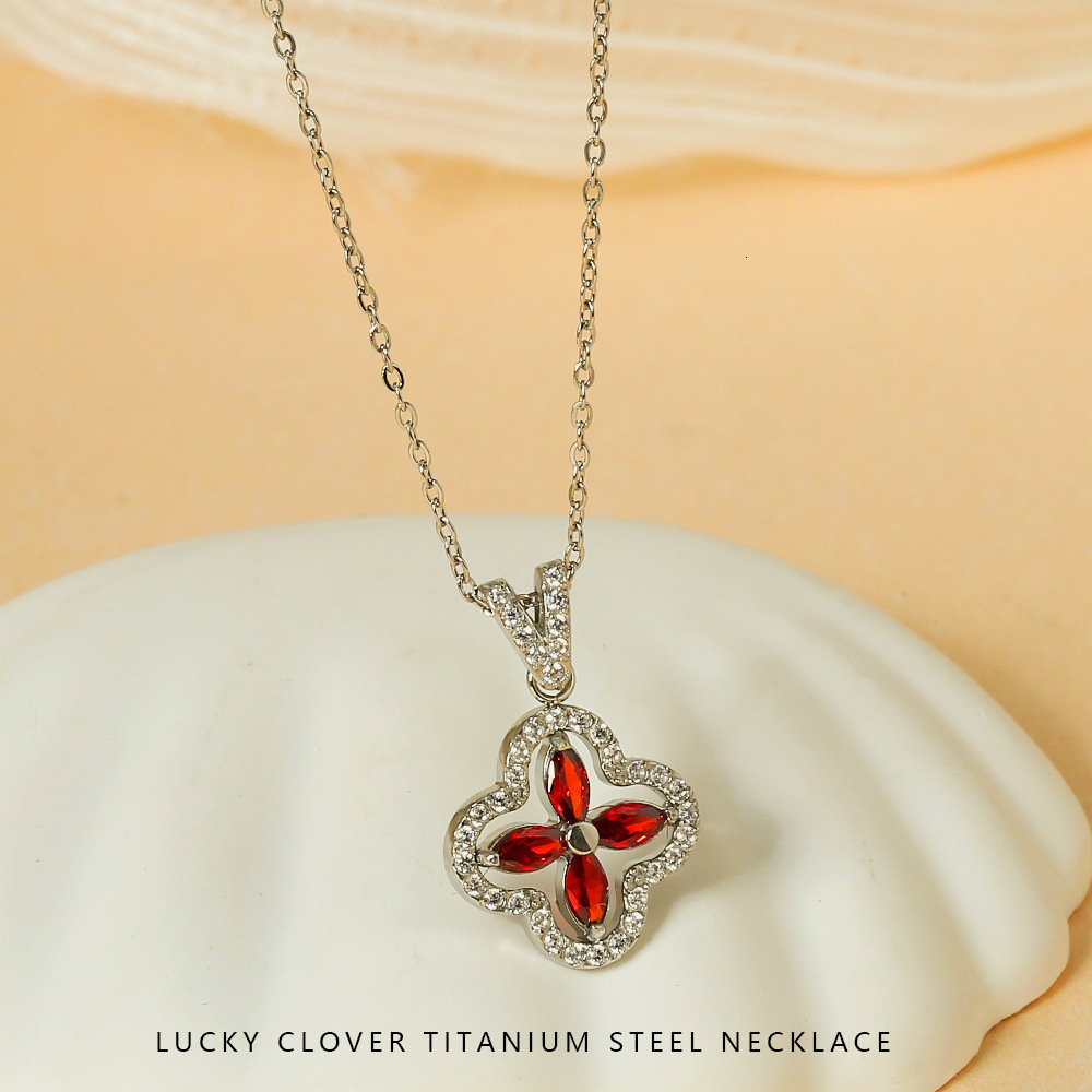 Colorful Four-Leaf Clover Inlaid Zircon Necklace Stainless Steel Simple High-End Feel Women's Non-Fading Accessory Jewelry for Women