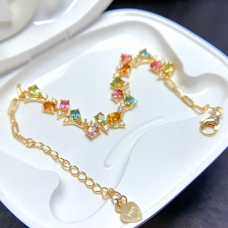 925 silver bracelet 925 silver tourmaline bracelet 3mm*4mm natural tourmaline jewelry for vacation 18K gold plated silver multi-color gemstone bracele