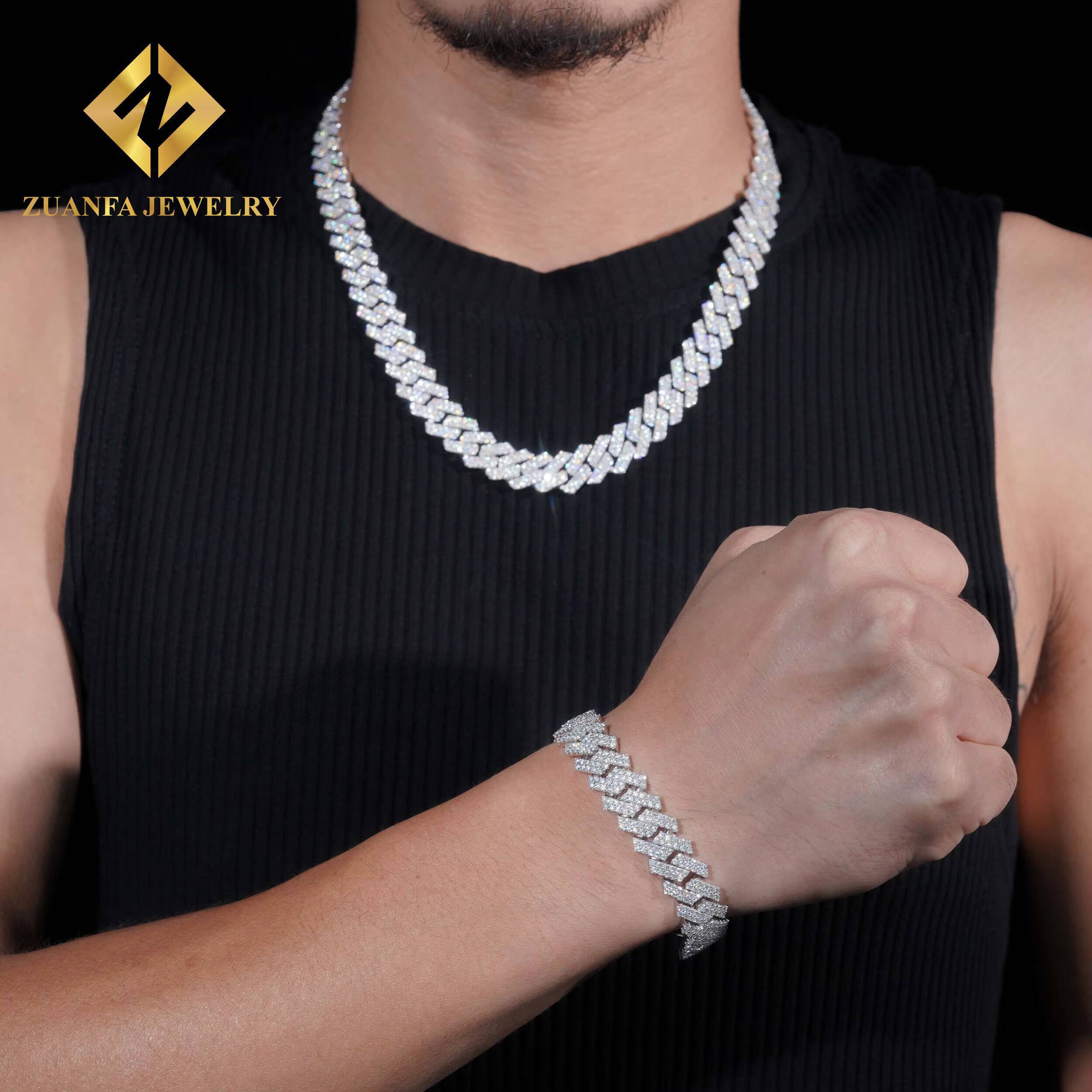 Hot Selling Rapper Hip Hop Necklace 925 Solid Silver 13MM 2Rows VVS Moissanite Maimi Cuban Link Chain Rock Jewelry