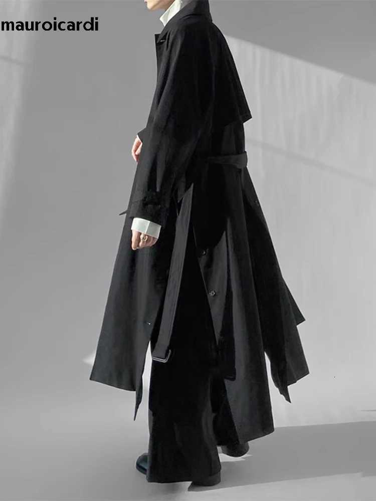 Mauroicardi Spring Autumn Long Black Blue Oversized Trench Coat Men With Side Double Slit Belt Loose Casual Korean Fashion 2023 W250815