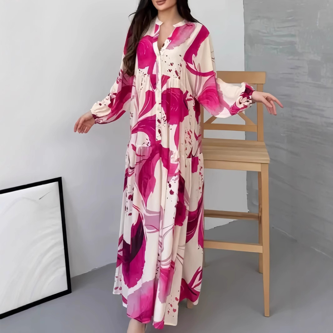 2025 New Printed Loose Casual Sleeve Elegant V-Neck Long Dress for Women