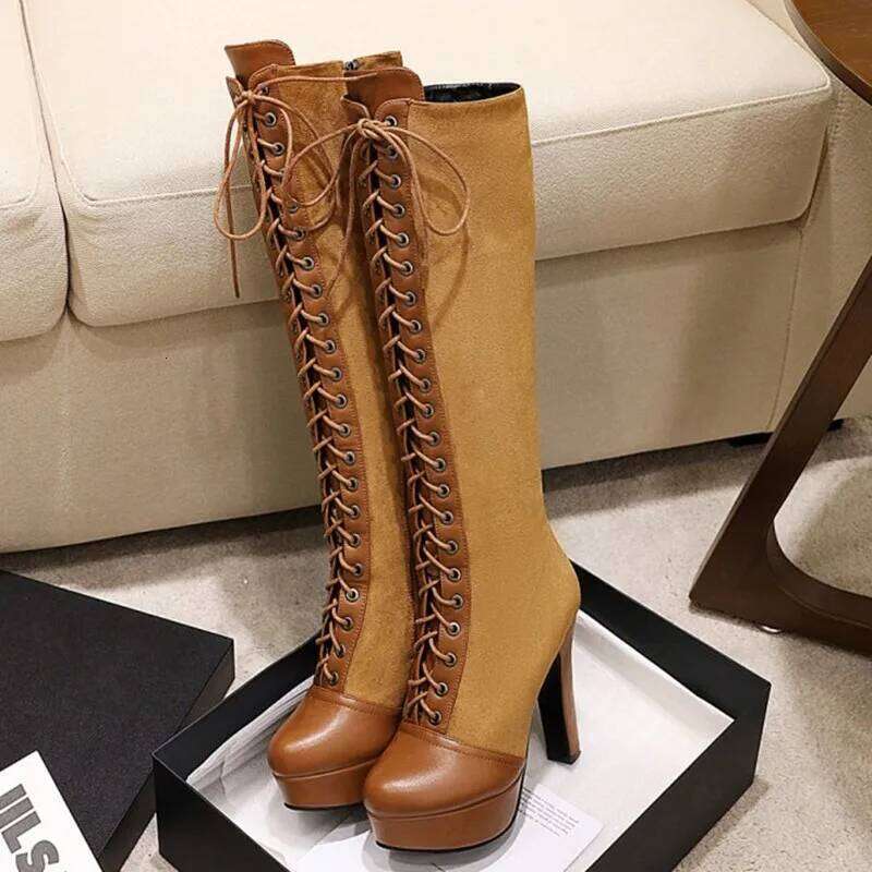 Vintage Lace Up Knee Women Winter Platform Heels Women's High Boots Black Khaki Tall Long Shoes Large Size