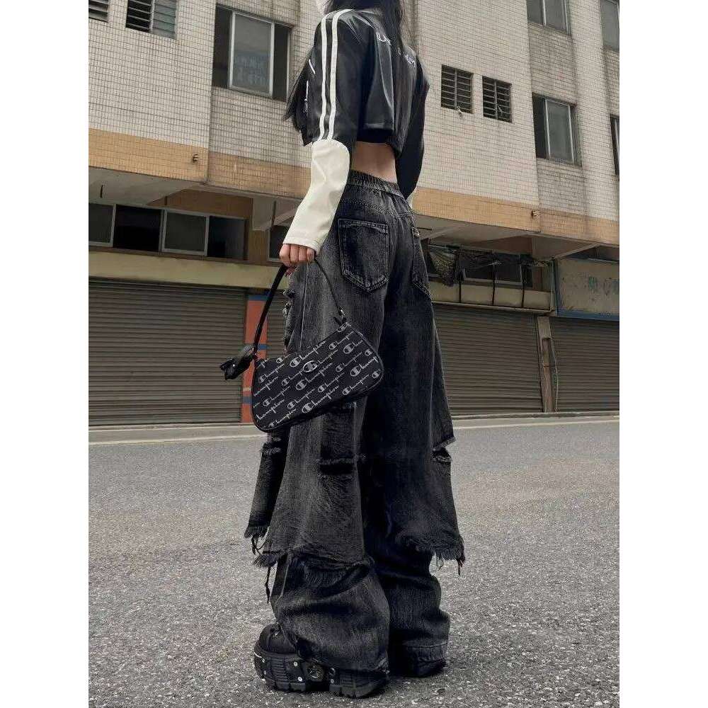 American Vintage Y2k Aesthetic Slim Long Denim Pants Personality Spliced Hole Design Punk Jeans All Match Baggy Wide Leg Pant