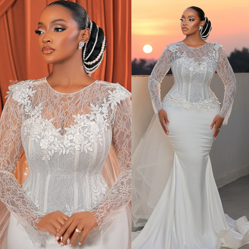 2025 Plus Size African Wedding Dress Bridal Gowns For Bride Sheer Neck Beaded Pearls Tiered Tulle Beaded Lace Rhinestones Wedding Gowns For Black Wome